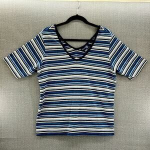 Venezia Jeans Women’s V‎ Neck Blue Striped Soft Stretch T-Shirt Plus Size 14/16